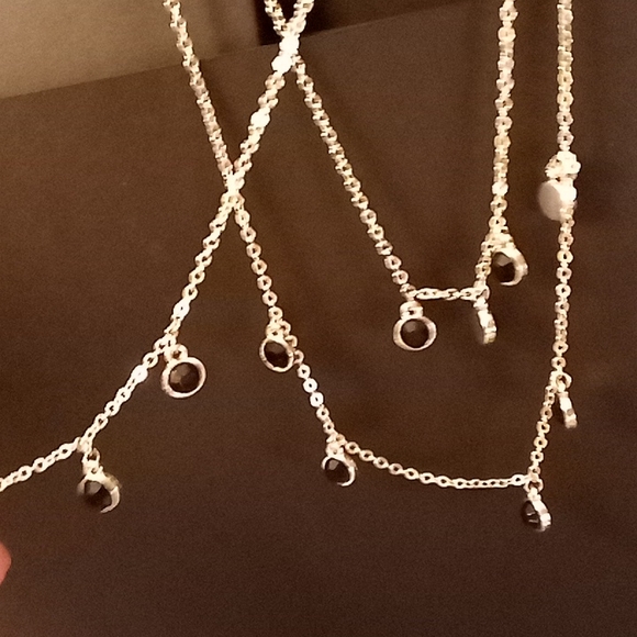 NWOT Silver Triple Layered Necklace with Black Beads - Picture 8 of 9